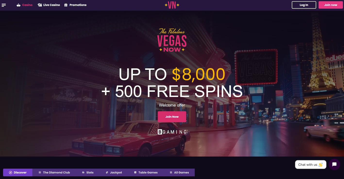 Vegas Now homepage featuring welcome bonus and casino game navigation